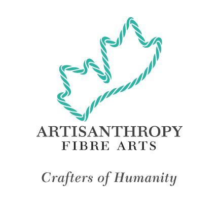 Maple leaf logo in a string tecture with the words Artisanthropy Fibre Arts: Crafters of Humanity.