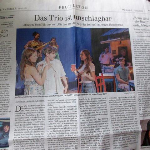 Zeitungsartikel zum Theaterstück "Die drei ??? - Im Auge des Sturms" im Jungen Theater Bonn (Bonner General-Anzeiger, 02.06.2025)