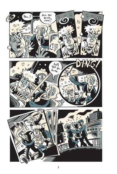 A comic page: a couple on a bus is looking after a quite drunk friend. They ring their stop and continue to help him off and start for home. 