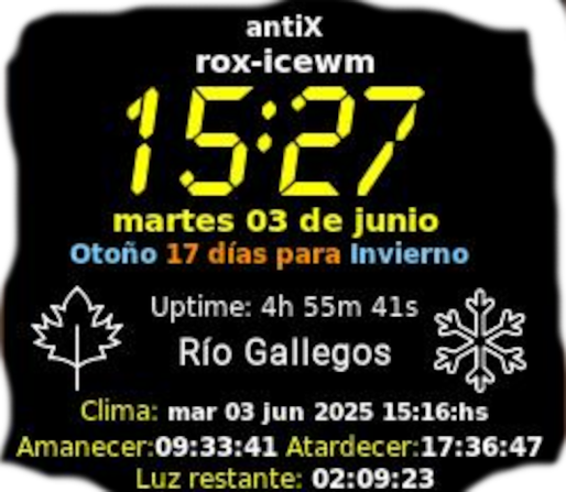 ¡Nueva actualización en mi proyecto Conky! 🌅 

"Luz del día restante" 🔦🙌☀️🚴🏻

#antiX #conky #hemisphere #seasons 🌸❄️🍂🌞 #GitHub 
