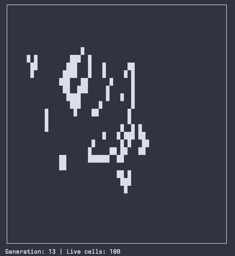 An image showing a square border containing a scattering of white squares filled in within a black background. Underneath the square border it says "Generation: 13 | Live cells: 100".

This is an image from a Game of Life simulation that an LLM wrote in the Chapel programming language.