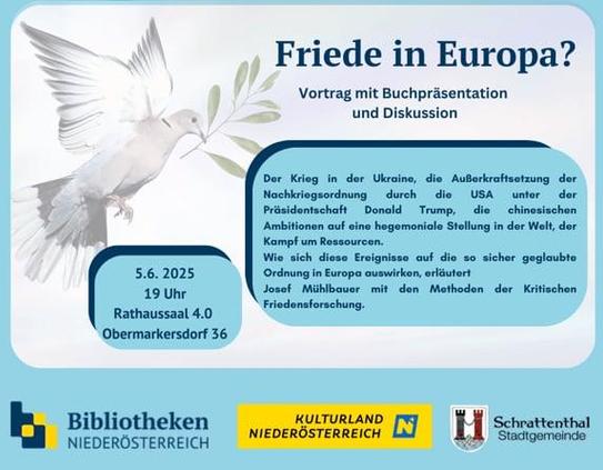 Friede in Europa?
am 5.6. um 19 Uhr im Rahmen des Bücherfestivals Niederösterreichs spreche ich über die derzeitigen geopotlischen Machtverschiebungen, Kriege, Ressourcenkonflikte und wie Frieden aussehen kann in dieser fragmentierten Welt. 
Seid auch dabei! 
#Schrattenthal #Bücher #Bibliothek #Bibliothekenfestival #Niederösterreich