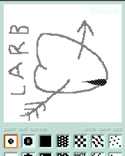 a sideways heart with an arrow and a single drop of blood is rendered in a simple pixelly drawing app. the word LARB is written “above” (up the left side)