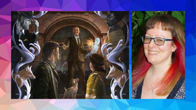 Image of adventureers on steps and dog and Lynne Hardy