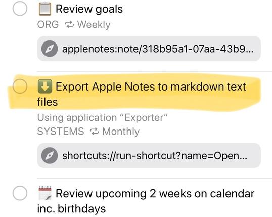 A screnshot showing an apple reminders task reading "Export Apple Notes to markdown text files"