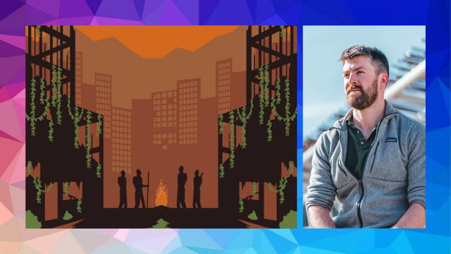 Illustrated apocalyptic cityscape and John Hedge headshot