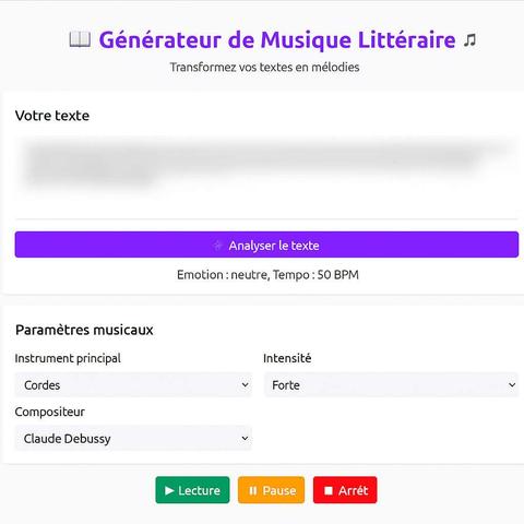 Un générateur détecte l’émotion dominante et le rythme du texte pour créer une composition jouée dans le navigateur, avec plusieurs instruments au choix (piano, cordes, synthé…). si vous avez des idées ou les sources envoyez message en mp