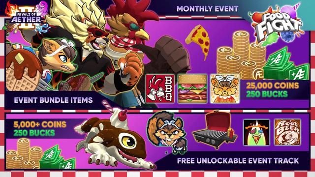 An image showing off the items you can earn and items you can buy in the Food Fight monthly event for Rivals of Aether 2.