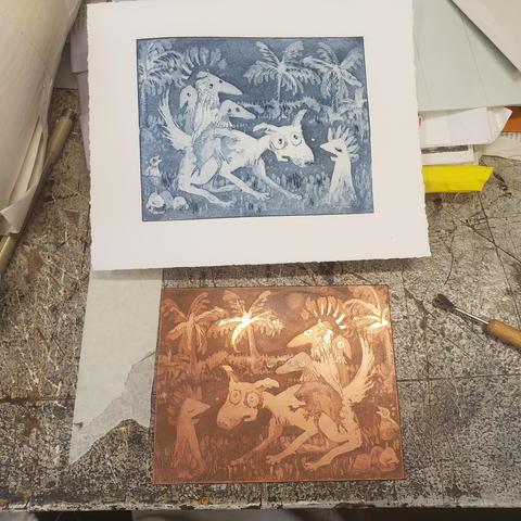 Tirage de la gravure (moins de brins d'herbe que sur la première image) et sa matrice en cuivre (l'image est inversée sur le cuivre)