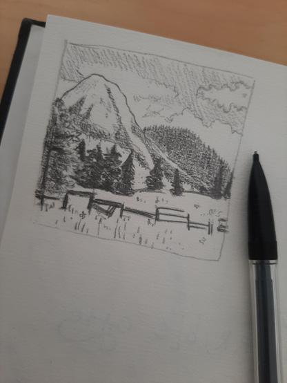 A pencil sketch on paper of a mountain landscape with trees