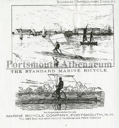A historic advertisement for The Standard Marine Bicycle, showing people riding a bike on a small boat across the water in 1883. 