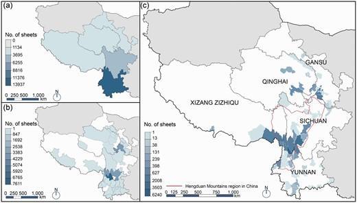 Spatial distribution of Rock’s botanical specimen collection in provinces (a), cities (b) and counties (c) in China.