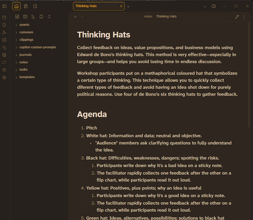 Obsidian note application showing a note about "Thinking Hats"