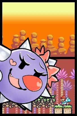 doctored screenshot of Yoshi's Island DS. Zelda, a spike ball girl, is depicted as being huge and crushing the ground beneath her as she races toward the player's character, a Yoshi.