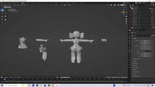 A WIP of a 3D model of a humanoid creature. There are a variety of parts scattered around.