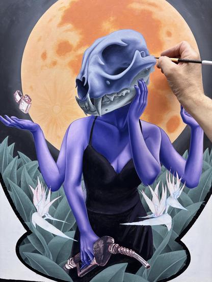 Oil painting in progress of a woman with a lynx skull for a head, with 4 arms. One hand is holding a hose from a gas pump, one hand is on her cheek, one holds up 2 fingers, one is palm up with a zippo lighter floating just above. She is surrounded by plants and bird of paradise flowers.