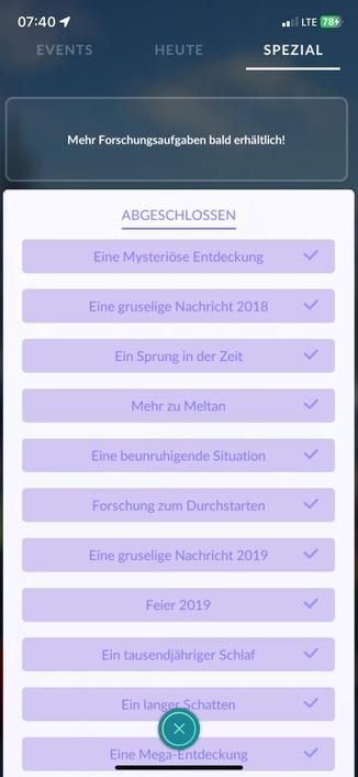 The image displays an interface with completed tasks or events listed in German. Each item has a checkbox, indicating completion. The tasks include titles such as "Eine Mysteriöse Entdeckung" and "Eine gruselige Nachricht 2018." The top