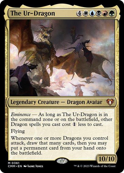 Card Name: The Ur-Dragon
Set: Commander Masters
Description: Eminence — As long as The Ur-Dragon is in the command zone or on the battlefield, other Dragon spells you cast cost {1} less to cast.
Flying
Whenever one or more Dragons you control attack, draw that many cards, then you may put a permanent card from your hand onto the battlefield.
Artist: Jaime Jones