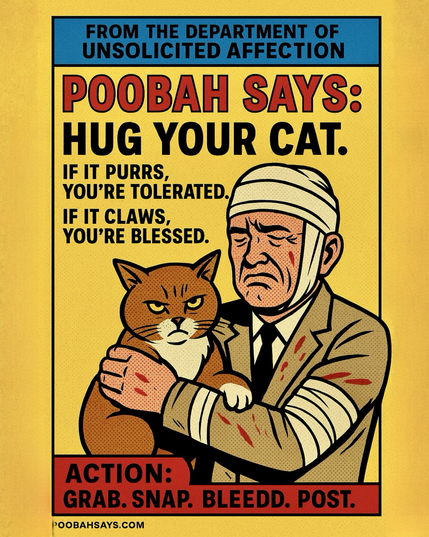 Poobah, bloodied and bewildered, clutches a furious cat. Pop art chaos. It’s Hug Your Cat Day. This is what happens when you obey.