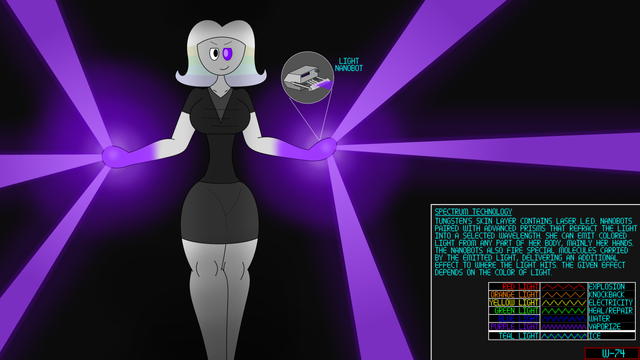 Drawing of Tungsten ready for combat: her hands glow with purple light, which shoot three beams of purple light each.
SPECTRUM TECHNOLOGY: Tungsten's skin layer contains laser L.E.D. nanobots paired with advanced prisms that refract the light into a selected wavelength. She can emit colored light from any part of her body, mainly her hands. The nanobots also fire special molecules carried by the emitted light, delivering an additional effect to where the light hits. The given effect depends on the color of light.
RED LIGHT: Explosion
ORANGE LIGHT: Knockback
YELLOW LIGHT: Electricity
GREEN LIGHT: Heal/Repair
BLUE LIGHT: Water
PURPLE LIGHT: Vaporize
CYAN LIGHT: Ice