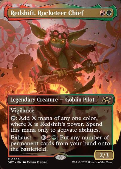 Card Name: Redshift, Rocketeer Chief
Set: Aetherdrift
Description: Vigilance
{T}: Add X mana of any one color, where X is Redshift's power. Spend this mana only to activate abilities.
Exhaust — {10}{R}{G}: Put any number of permanent cards from your hand onto the battlefield. (Activate each exhaust ability only once.)
Artist: Xavier Ribeiro