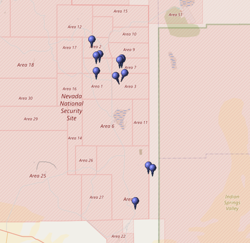 Kartierung aller Koordinaten von "Operation Upshot Knothole (Atomtest)" im Testgebiet Nevada (Nevada National Security Site, NNSS)
Quelle: OpenStreetMap
Lizenz: Open Data Commons Open Database-Lizenz (ODbL)