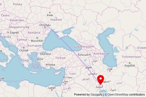 A map showing the great circle route from Rybnitsa in Moldova to a map pin at مسجد, Sousangerd, والفجر یک, Khuzestan Province, 64418-76578, Iran