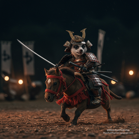 これはAI生成画像です。画像には、日本の武士の鎧兜を身につけたミーアキャットが、馬に乗って疾走している様子が描かれています。ミーアキャットは刀を構えており、馬は地面を蹴って砂煙を上げています。背景は暗く、ぼやけた旗や光が見え、戦場のような雰囲気を醸し出しています。

This is an AI-generated image. The image depicts a meerkat dressed in Japanese samurai armor and helmet, riding a horse at full gallop. The meerkat is holding a katana, and the horse is kicking up dust from the ground. The background is dark, with blurred flags and lights, creating a battlefield-like atmosphere.