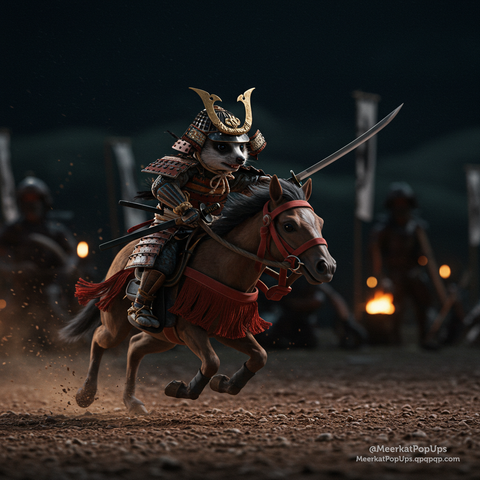 これはAI生成画像です。画像には、日本の武士の鎧兜を身につけたミーアキャットが、馬に乗って力強く駆け抜けている様子が描かれています。ミーアキャットは刀を構えており、馬の足元からは土煙が上がっています。背景は暗く、ぼやけた人影や炎が見え、戦場のような緊迫した雰囲気を醸し出しています。

This is an AI-generated image. The image depicts a meerkat dressed in Japanese samurai armor and helmet, powerfully galloping on horseback. The meerkat is holding a katana, and dust is rising from the horse's hooves. The background is dark, with blurred figures and flames visible, creating a tense, battlefield-like atmosphere.