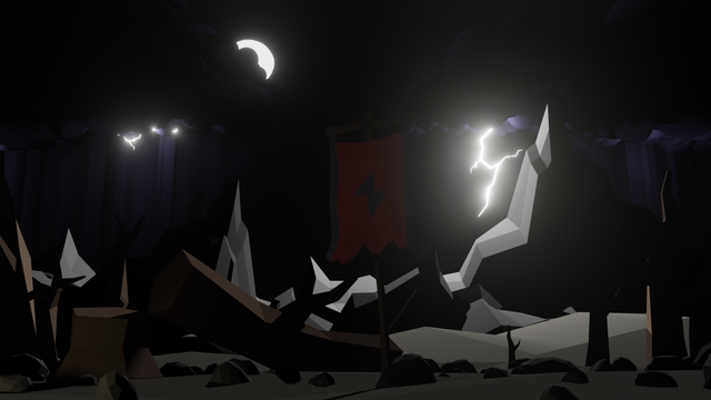 A low poly scene of a red banner with a black lightning bolt design on it, on an empty plain near a fallen tree. In the background lightning from looming clouds illuminates tall mountains as the moon peeks past