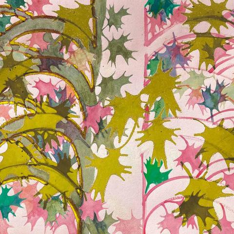 This is the cover art for Max Knouse's Chipmunk'd Away single, showing a holly bush like abstract painting with pink, green, blue, and yellow leaf-like patterns on a light background. The design has a vibrant, lively feel.