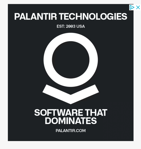 Text:
PALANTIR TECHNOLOGIES 
EST : 2003 USA 

SOFTWARE THAT 
DOMINATES 

PALANTIR.COM 