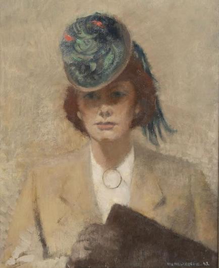 "Elégante au chapeau" : Germaine Remi (l'épouse d'Hergé, le créateur de Tintin), par le peintre Jacques Van Melkebeke, 1942.