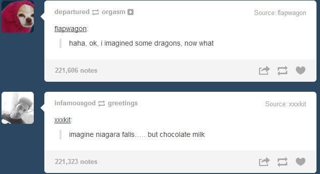 A tumblr post by user 'departured' that reads:
haha, ok. I imagined some dragons, now what? 

followed immediately by a post from user 'infamousgod' that reads:
imagine niagara falls..... but chocolate milk
