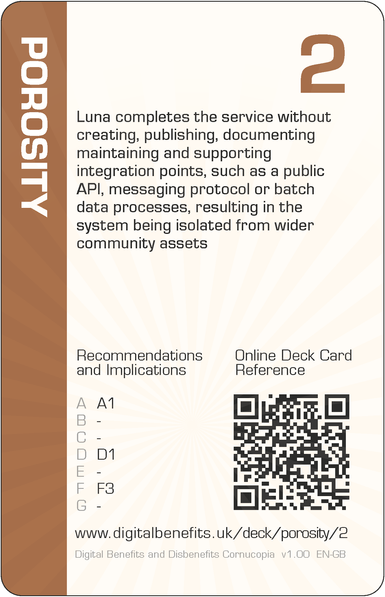 Image of the DBD Cornucopia Two of Porosity card with text 'Luna completes the service without creating, publishing, documenting maintaining and supporting integration points, such as a public API, messaging protocol or batch data processes, resulting in the system being isolated from wider community assets'
