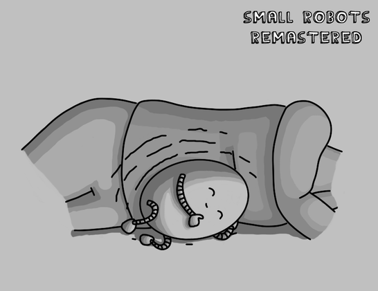 A sleeping ovoid robot with banded arms and legs, curled up next to a sleeping person in the dark, with a contented look on its face, with lines indicating radiating heat around it.