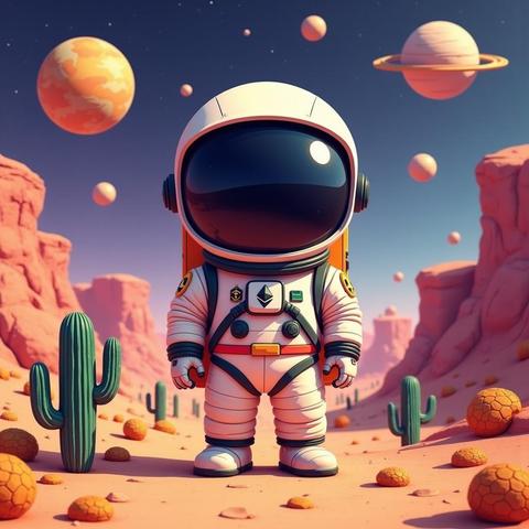 A cartoon astronaut standing confidently in a colorful desert with cacti and planets in the sky — representing the CryptoNav Web3 explorer.