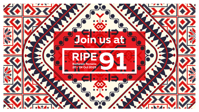 Decorative graphic for RIPE 91, featuring a traditional Romanian folk pattern in red, black, and cream. In the centre, white text on a red background reads: "Join us at RIPE 91 – Bucharest, Romania – 20–24 Oct 2025."