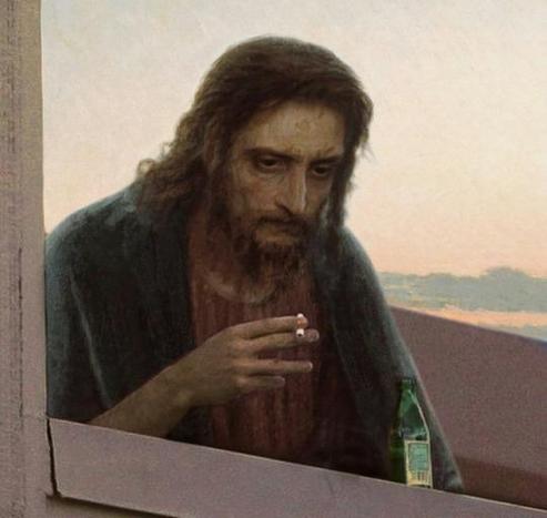 a very tired looking jesus smoking a cigarette