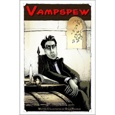 Cover art for "Vampspew" the graphic novel. A disturbed man sits at a table upon which sits a bell, a book and a candle. 