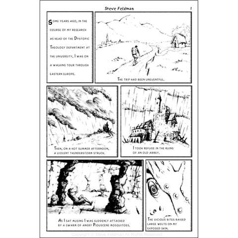 Page one of "Vampspew" the graphic novel. This page sets forth an absurd premise and reveals the setting.