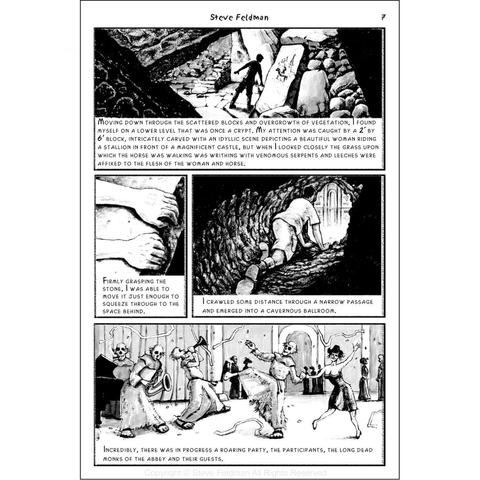 Page seven of "Vampspew" the graphic novel. This page revels in dark absurdity.