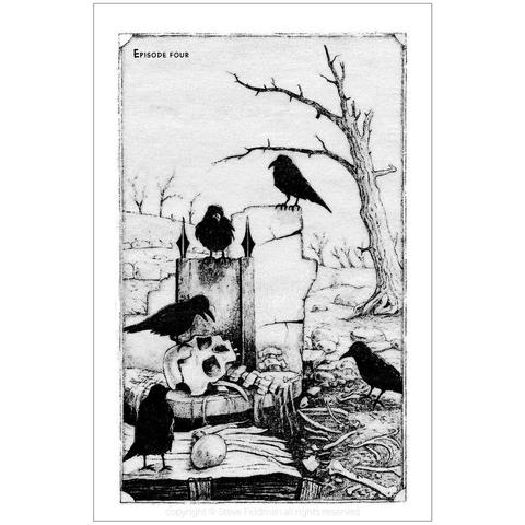 Page 34 of "Vampspew" the graphic novel.  This full page illustration is a scene of decay. The fourth progression of the cover image where the man has now decomposed to a mass of bone scraps.