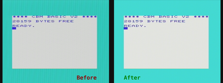 Memory expanded BASIC screen, showing the difference in signal quality. Original composite on the left, new SVideo on the right. Both via a RetroTink 4K Pro.