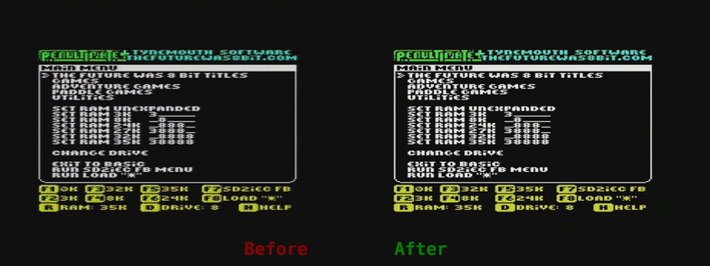 Penultimate +2 cartridge menu, showing the difference in signal quality. Original composite on the left, new SVideo on the right. Both via a RetroTink 4K Pro.