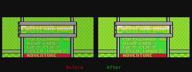 The main menu of Cheese and Onion, a game published by TheFutureWas8Bit, showing the difference in signal quality. Original composite on the left, new SVideo on the right. Both via a RetroTink 4K Pro.
