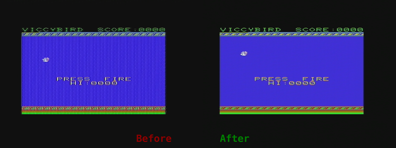 The start screen of ViccyBird, a game published by TheFutureWas8Bit, showing the difference in signal quality. Original composite on the left, new SVideo on the right. Both via a RetroTink 4K Pro.