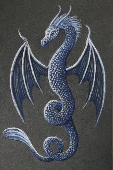Een gedetailleerde pasteltekening van een gevleugelde blauwe draak zonder poten.