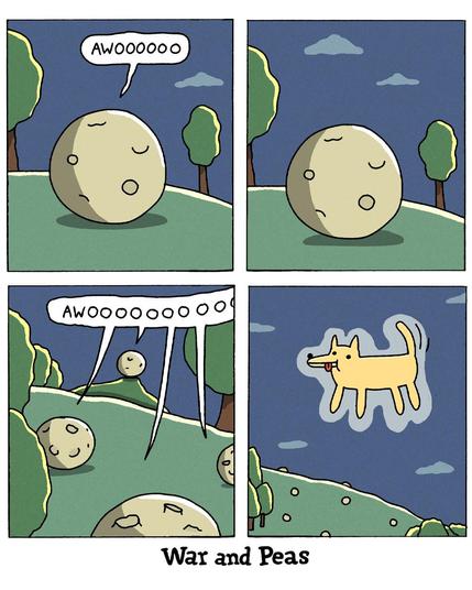 4-panel comic by War and Peas Panel 1: A lonely moon stands on a grassy hill under a night sky, howling “AWOOOOOOO.” Panel 2: The moon stops howling and appears to wait quietly. Panel 3: Other moons from nearby hills join in, also howling “AWOOOOOOOOOO.” Panel 4: A glowing yellow dogwolf appears in the sky, tongue out, floating like a summoned spirit.