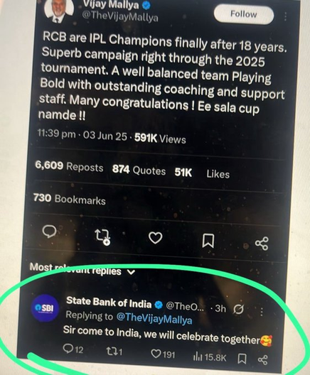SBI asks vijay mallya to come to india to celebrate RCB's win.